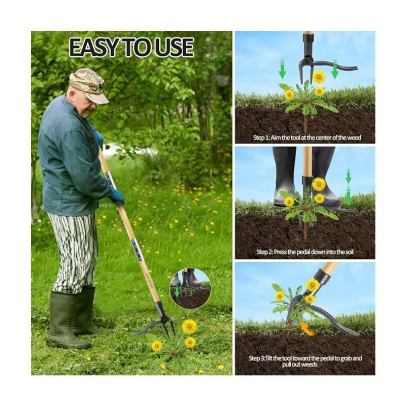 46'' Stand Up Weed Puller Tool with 4-Claw Steel Head and Bamboo Handle, No-Bend Weeder Tool for Lawn & Garden