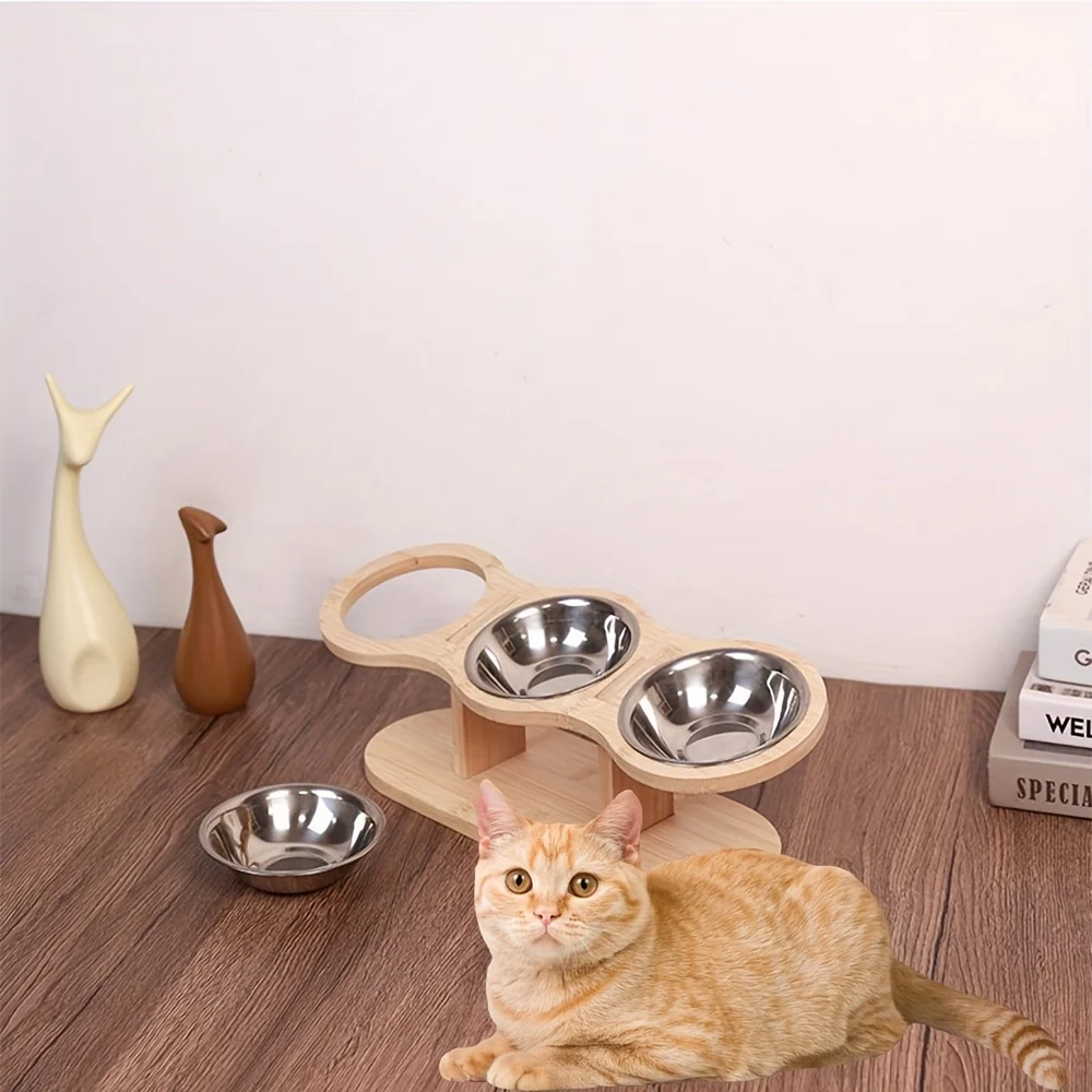 Raised Cat Bowl - Elevated Stainless Steel Food and Water Bowls with 15° Tilted Stand for Cats, Indoor Feline, Puppy, and Kitten Feeding